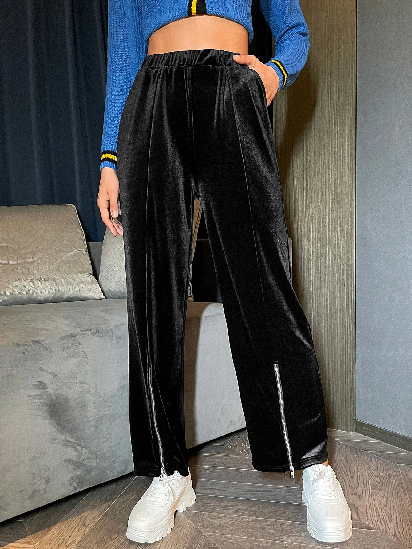 Is That The New Elastic Waist Zip Hem Velvet Pants ??| ROMWE