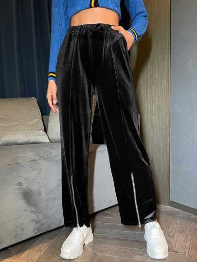 Is That The New Elastic Waist Zip Hem Velvet Pants ??| ROMWE