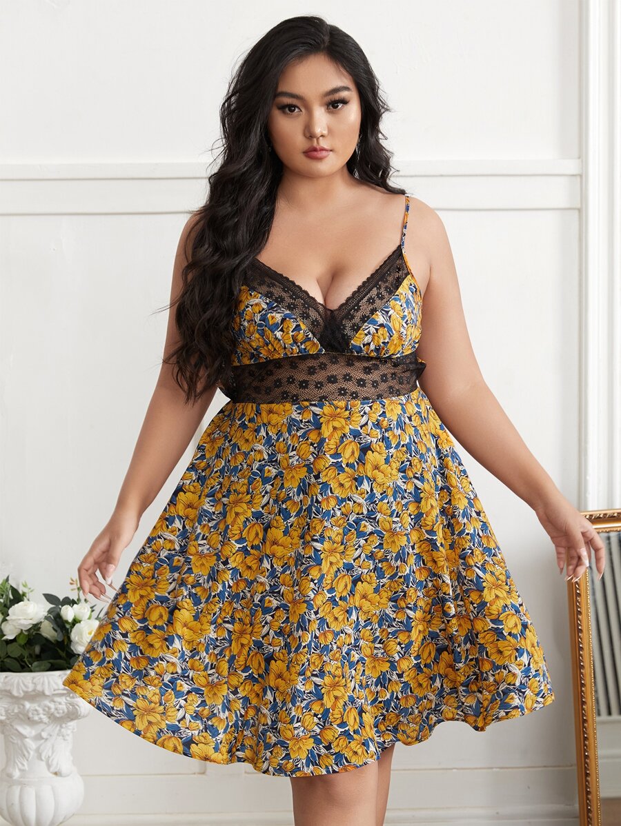 SHEIN Plus Floral Contrast Lace Slip Dress - Multicolor - View 1