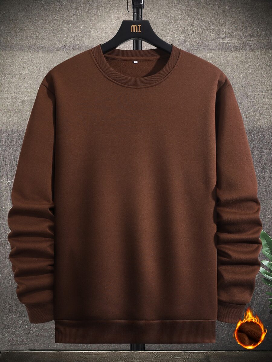 Manfinity Homme Men's Loose Fit Round Neck Thermal Lined Pullover - Coffee Brown - View 1
