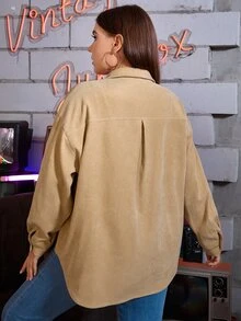 SHEIN Plus Drop Shoulder Corduroy Shirt - Khaki - View 3