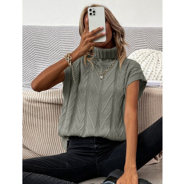 

Solid Turtleneck Knit Top, Grey