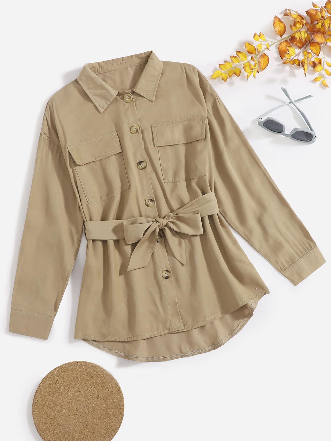 Girls Solid Button Front Belted Trench Coat - Khaki - View 1