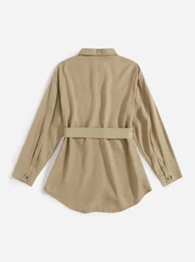 Girls Solid Button Front Belted Trench Coat - Khaki - View 2
