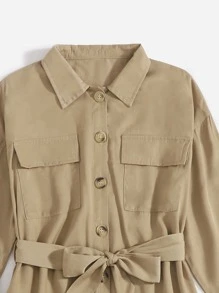 Girls Solid Button Front Belted Trench Coat - Khaki - View 3