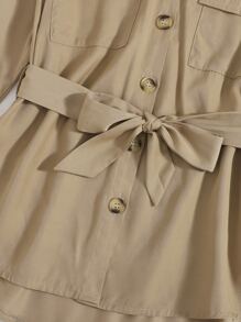 Girls Solid Button Front Belted Trench Coat - Khaki - View 4