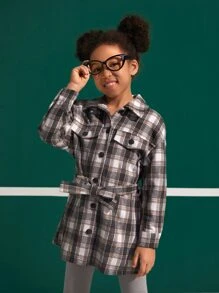 SHEIN Girls Plaid Print Drop Shoulder Belted Overcoat - Multicolor - View 1