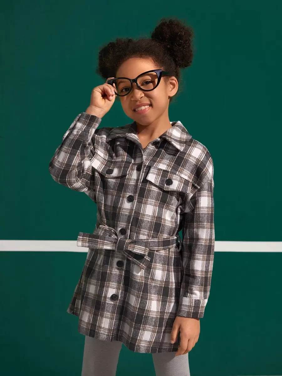 SHEIN Girls Plaid Print Drop Shoulder Belted Overcoat - Multicolor - View 1