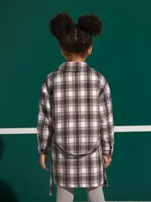 SHEIN Girls Plaid Print Drop Shoulder Belted Overcoat - Multicolor - View 2