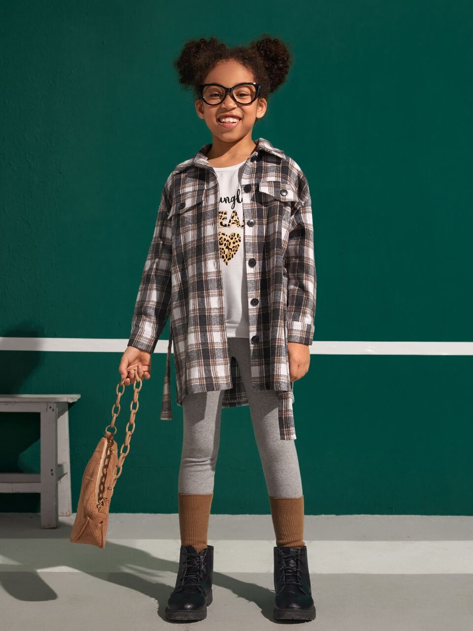 Girls Plaid Print Drop Shoulder Belted Overcoat