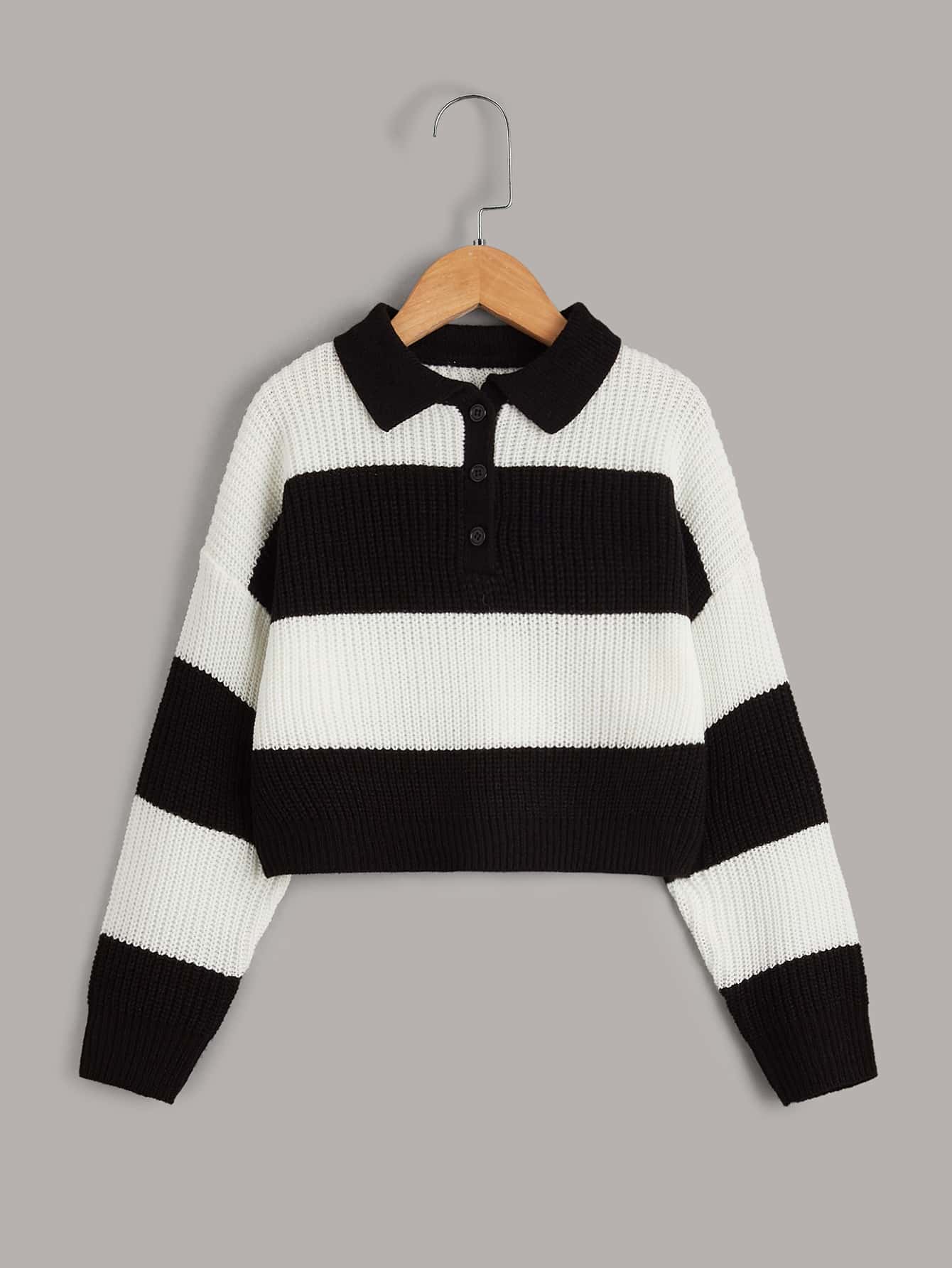 SHEIN 女孩撞色落肩袖Polo領套頭毛衣