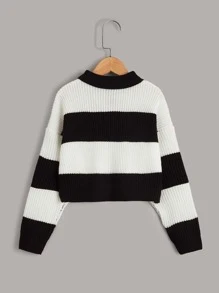 SHEIN 女孩撞色落肩袖Polo領套頭毛衣