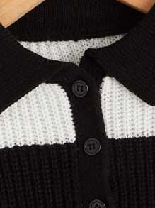 SHEIN 女孩撞色落肩袖Polo領套頭毛衣