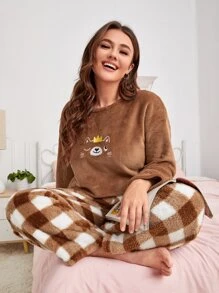 SHEIN Unity Plus Cartoon Bear Embroidery Teddy Pyjama Set - Brown - View 2