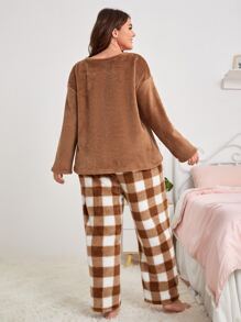 SHEIN Unity Plus Cartoon Bear Embroidery Teddy Pyjama Set - Brown - View 3