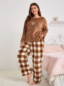 SHEIN Unity Plus Cartoon Bear Embroidery Teddy Pyjama Set - Brown - View 1