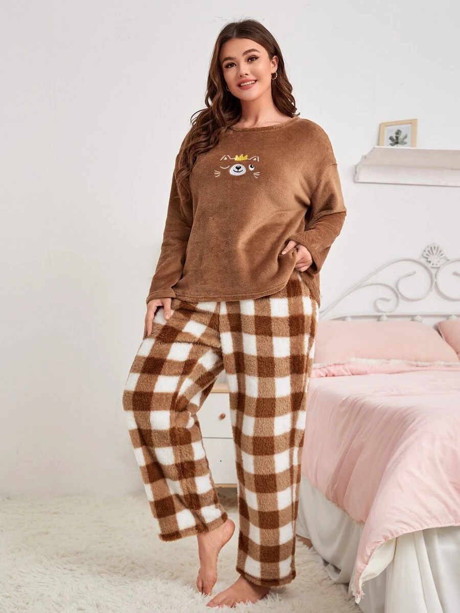 SHEIN Unity Plus Cartoon Bear Embroidery Teddy Pyjama Set - Brown - View 1