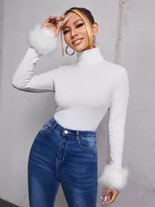 SHEIN Solid High Neck Contrast Fuzzy Tee - White - View 1