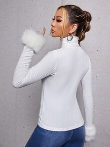 SHEIN Solid High Neck Contrast Fuzzy Tee - White - View 2