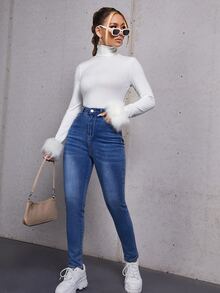 SHEIN Solid High Neck Contrast Fuzzy Tee - White - View 4