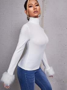 SHEIN Solid High Neck Contrast Fuzzy Tee - White - View 5