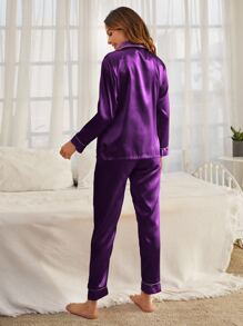 Kontrastbindande Satin Pyjamas Set - Violet - Visa 2