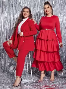 Modelyn Bộ Suit kích thước lớn Nút đôi màu trơn Thanh lịch - Đỏ - Xem 2