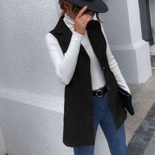 

Pocket Patched Corduroy Vest Coat, Black