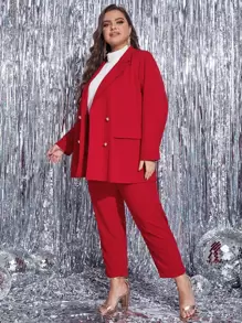 Modelyn Bộ Suit kích thước lớn Nút đôi màu trơn Thanh lịch - Đỏ - Xem 4