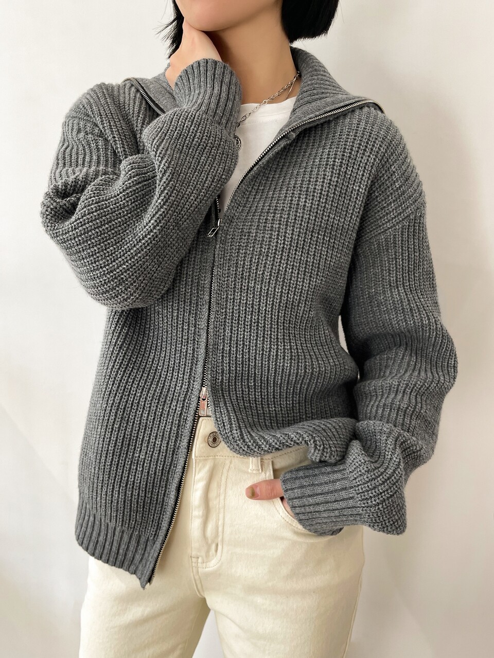Drop Shoulder Zip Up Cardigan