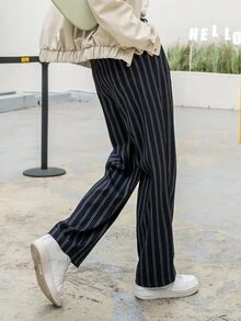 DAZY 豎條紋斜插口袋腰部抽繩長褲 - 黑與白 - 查看 4