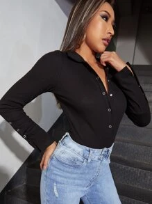 SHEIN Body unicolor con botón delantero - Negro - Ver 3