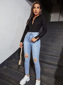 SHEIN Body unicolor con botón delantero - Negro - Ver 4