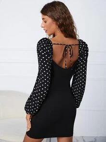 SHEIN 波卡圓點後綁帶燈籠袖緊身洋裝 - 黑色 - 查看 2