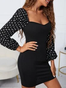 SHEIN 波卡圓點後綁帶燈籠袖緊身洋裝 - 黑色 - 查看 3