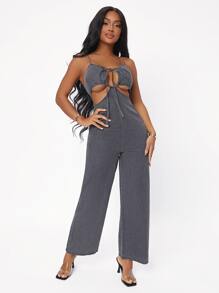 Overol mezclilla de tirantes con cordón delantero - Gris - Ver 4