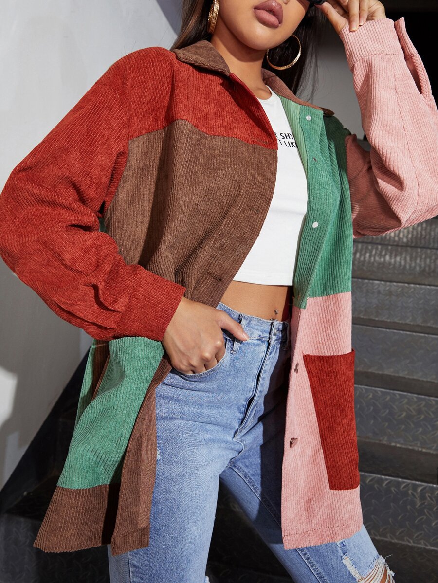 SHEIN Camisa de pana con costura de hombros caídos - Multicolor - Ver 1