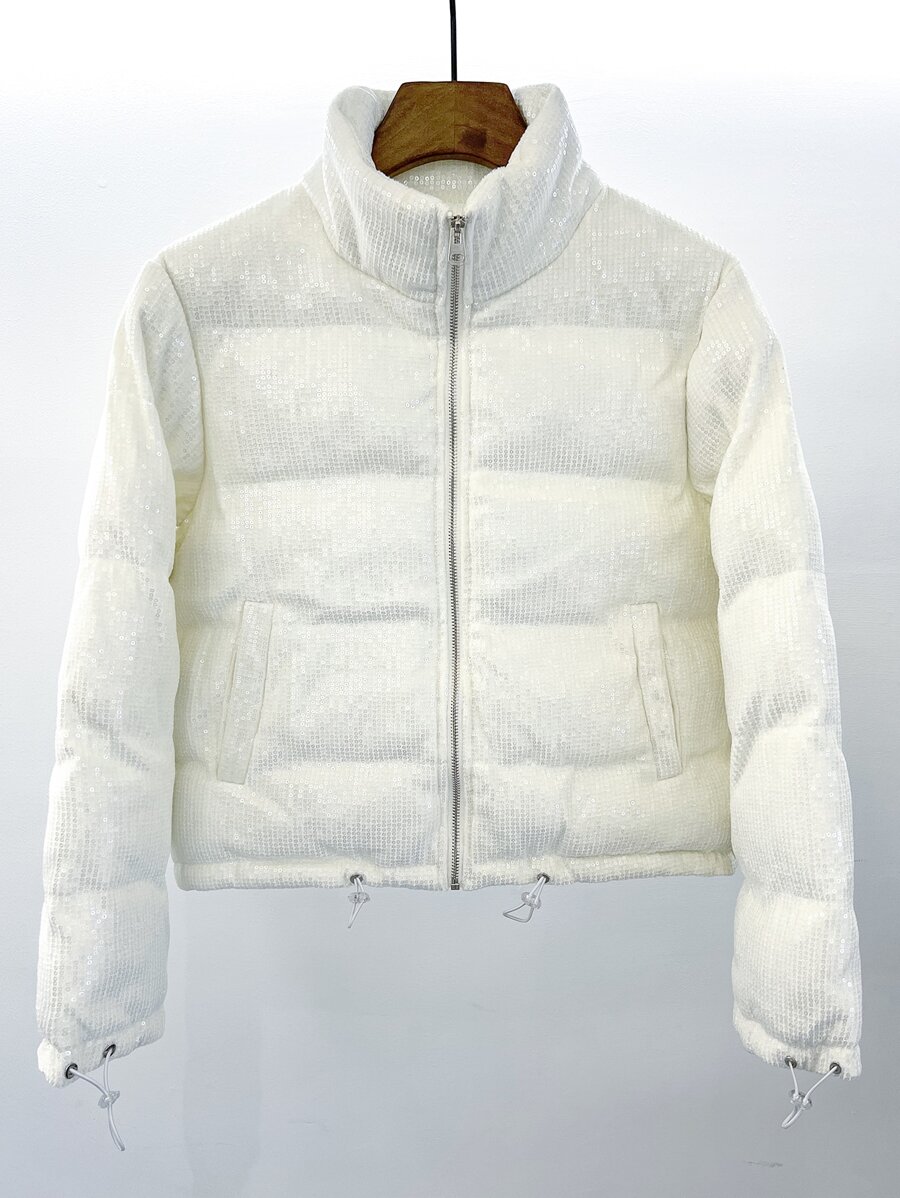 抽绳下摆拉链亮片填充大衣 - 米色 - 查看 1