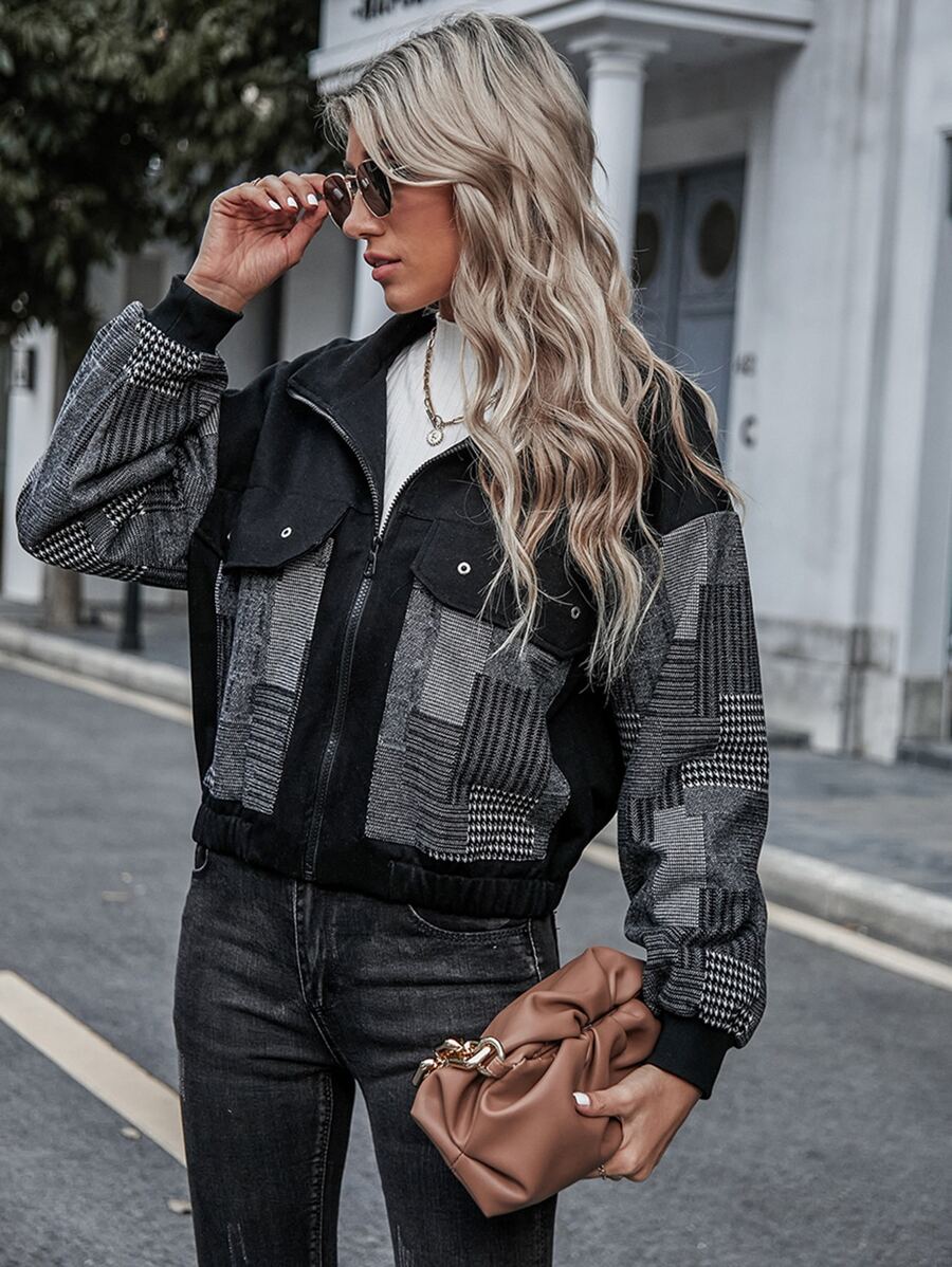 SHEIN EZwear Abrigo de cuadros con cremallera - Multicolor - Ver 1