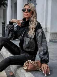 SHEIN EZwear Abrigo de cuadros con cremallera - Multicolor - Ver 3