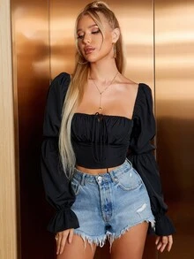 PARTHEA 胸部褶皺打結打褶袖短款襯衫 - 黑色 - 查看 8