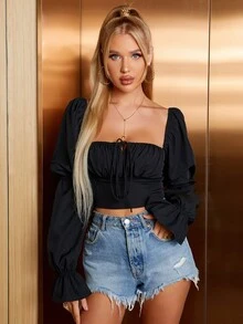 PARTHEA 胸部褶皺打結打褶袖短款襯衫 - 黑色 - 查看 3