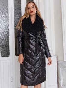 ZIAI Contrast Fuzzy Hooded Belted Padded Coat - Black - View 1