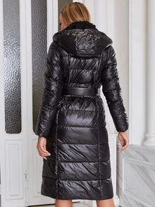 ZIAI Contrast Fuzzy Hooded Belted Padded Coat - Black - View 2