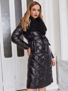 ZIAI Contrast Fuzzy Hooded Belted Padded Coat - Black - View 4
