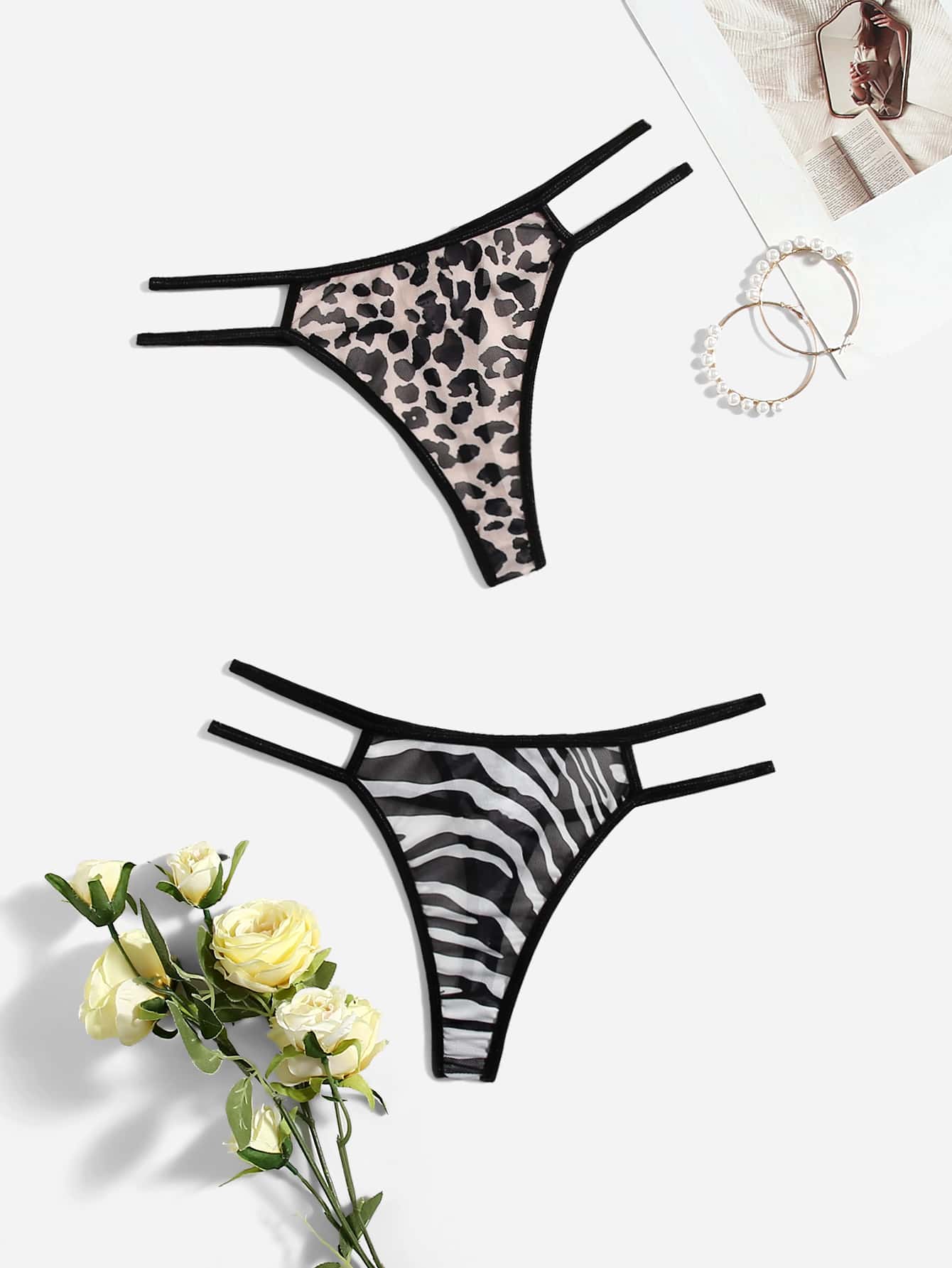 SHEIN 2pcs Leopard & Zebra Striped Print Thongs - Multicolor - View 1