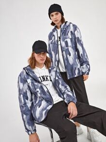 Manfinity RebelGame 1pc Loose Tie Dye Drawstring Hooded Flap Pocket Drop Shoulder Zipper Jacket - Multicolor - View 1