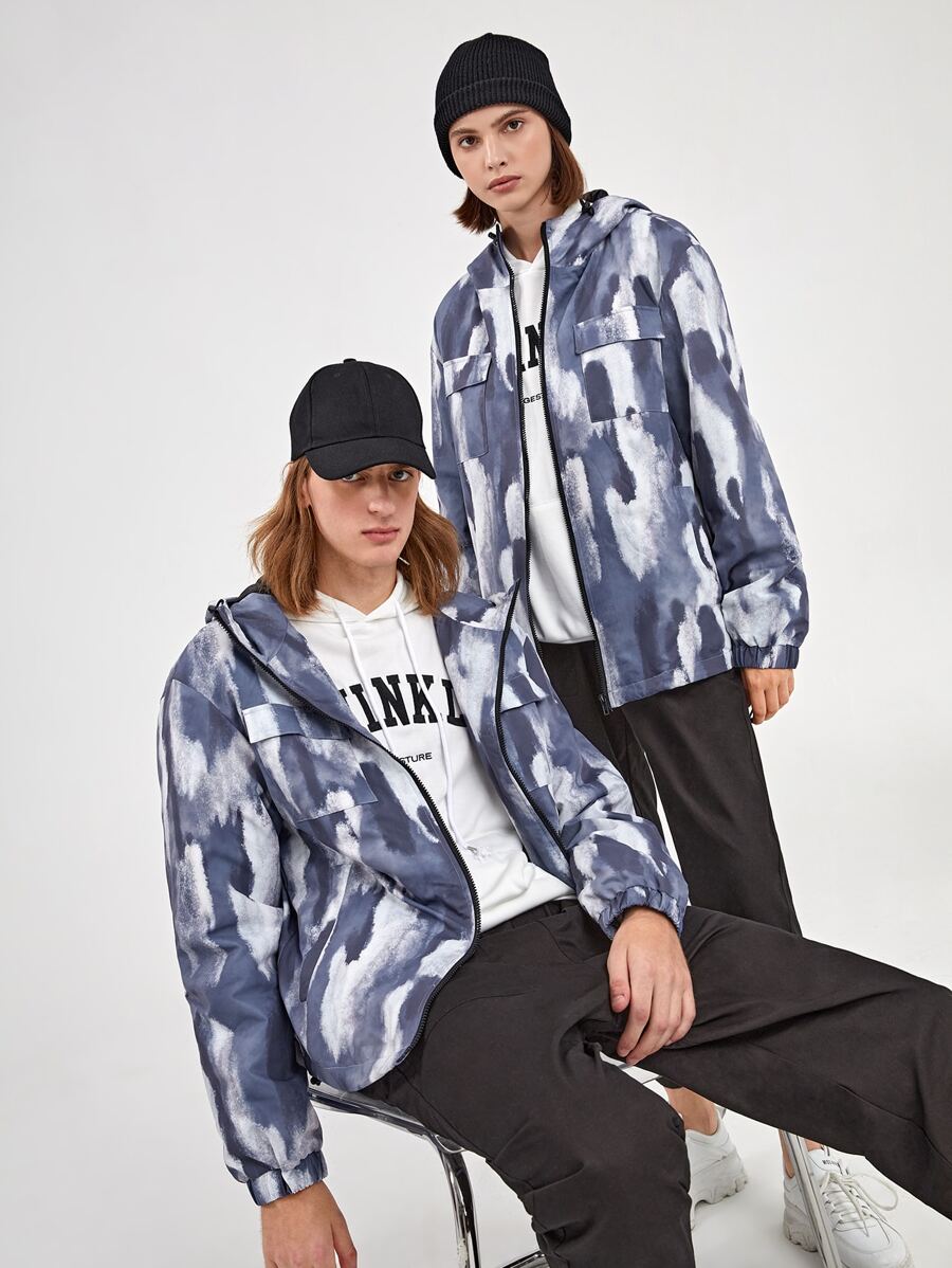 Manfinity RebelGame 1pc Loose Tie Dye Drawstring Hooded Flap Pocket Drop Shoulder Zipper Jacket - Multicolor - View 1