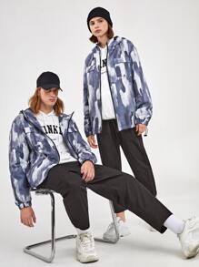 Manfinity RebelGame 1pc Loose Tie Dye Drawstring Hooded Flap Pocket Drop Shoulder Zipper Jacket - Multicolor - View 4