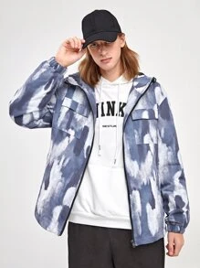 Manfinity RebelGame 1pc Loose Tie Dye Drawstring Hooded Flap Pocket Drop Shoulder Zipper Jacket - Multicolor - View 8